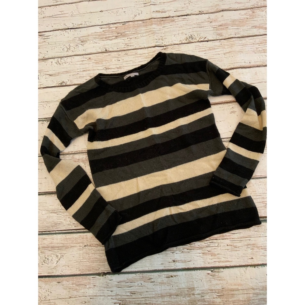 Gap Womens Medium Striped Knit Sweater Black Grey Cream Wool Blend Crewneck Y2K